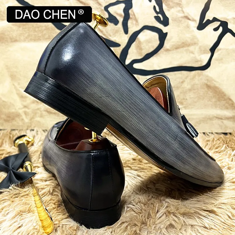 GRAY SLIP ON TASSELS LOAFERS GENUINE LEATHER FORMAL SHOES