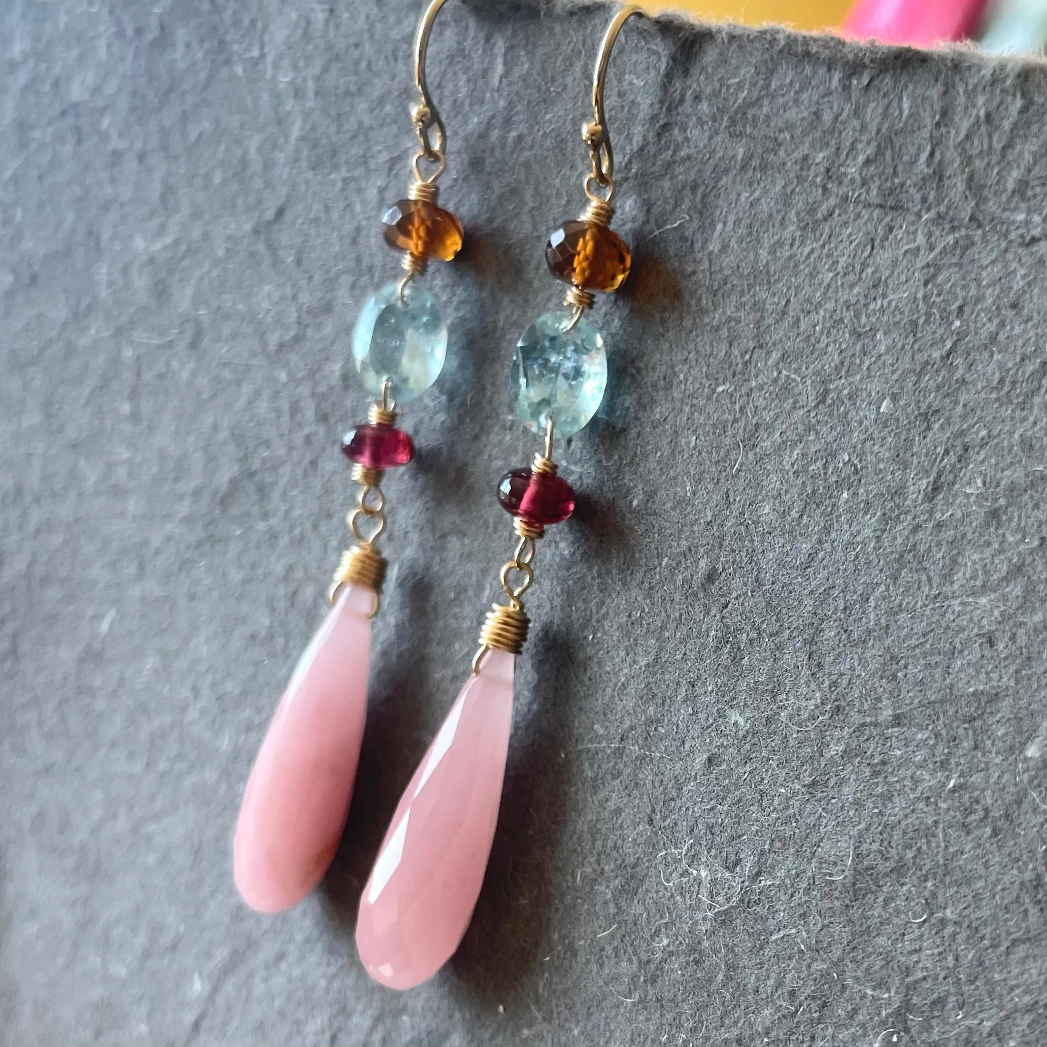 Guava Quartz and gemstone dangles, OOAK