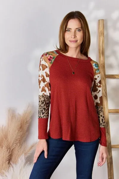 Hailey & Co Full Size Leopard Waffle-Knit Blouse