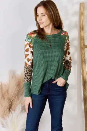 Hailey & Co Full Size Waffle-Knit Leopard Blouse