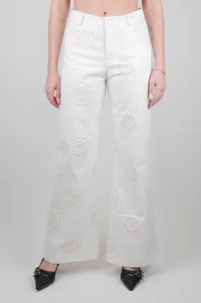 Haveone - Pantalone palazzo con ricami in pizzo sangallo