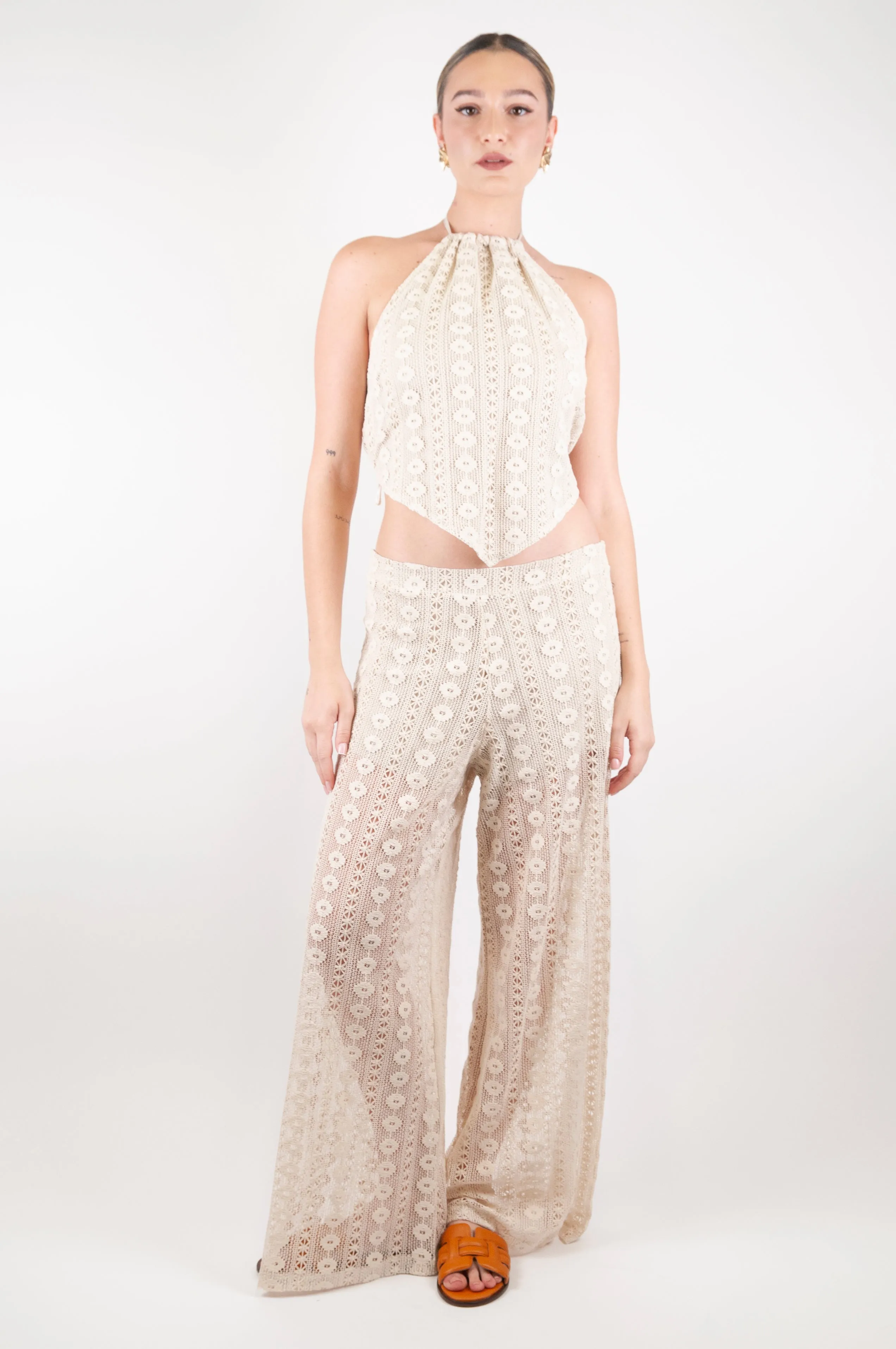 Haveone - Pantalone palazzo in crochet con elastico in vita