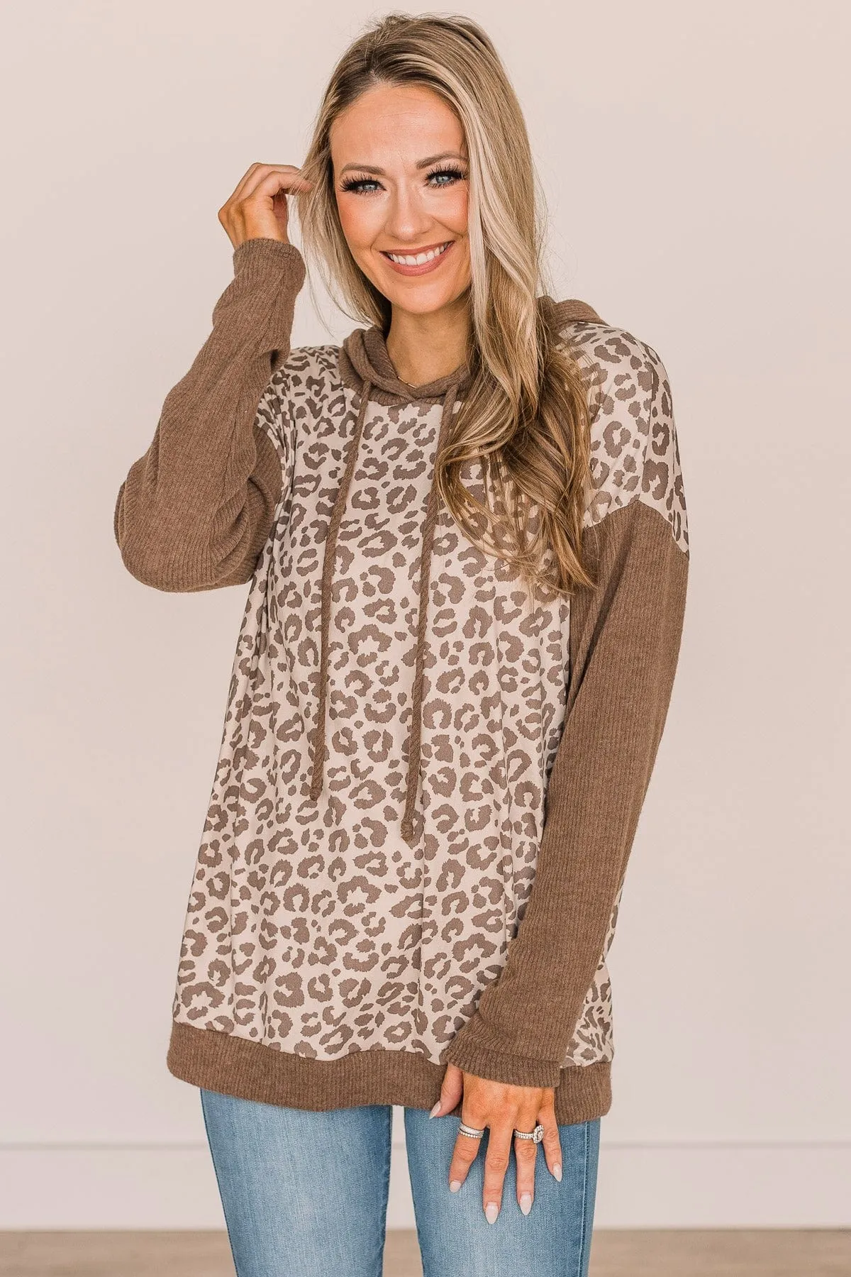 Hear Me Roar Leopard Print Hooded Top- Mocha