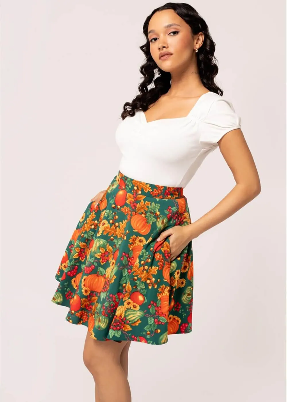 Hell Bunny Autumn Pumpkin 40's A-Line Skirt Green