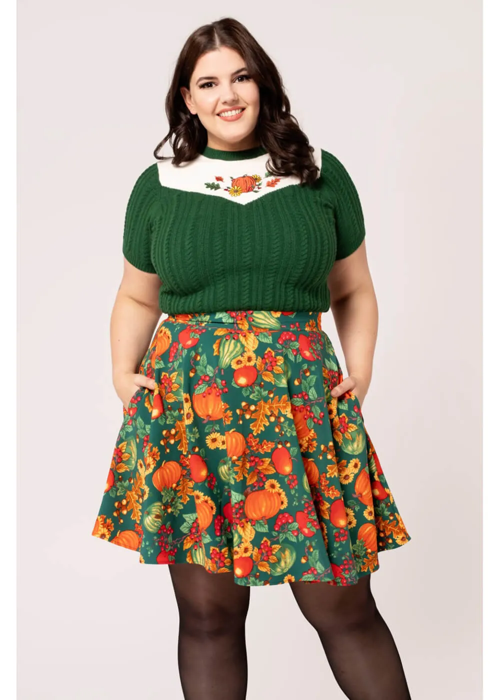 Hell Bunny Autumn Pumpkin 40's A-Line Skirt Green