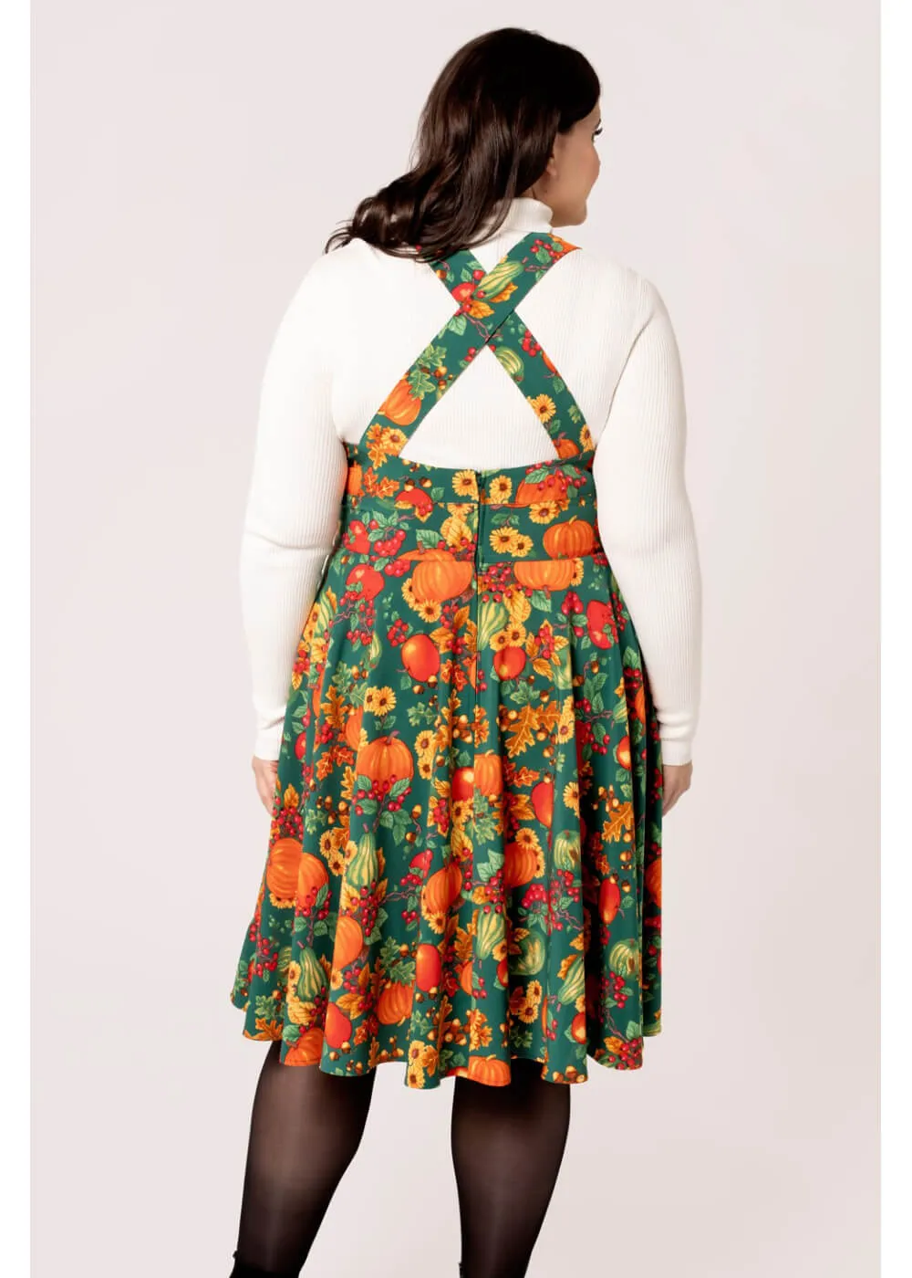 Hell Bunny Autumn Pumpkin 40's Pinafore Swing Dress Green