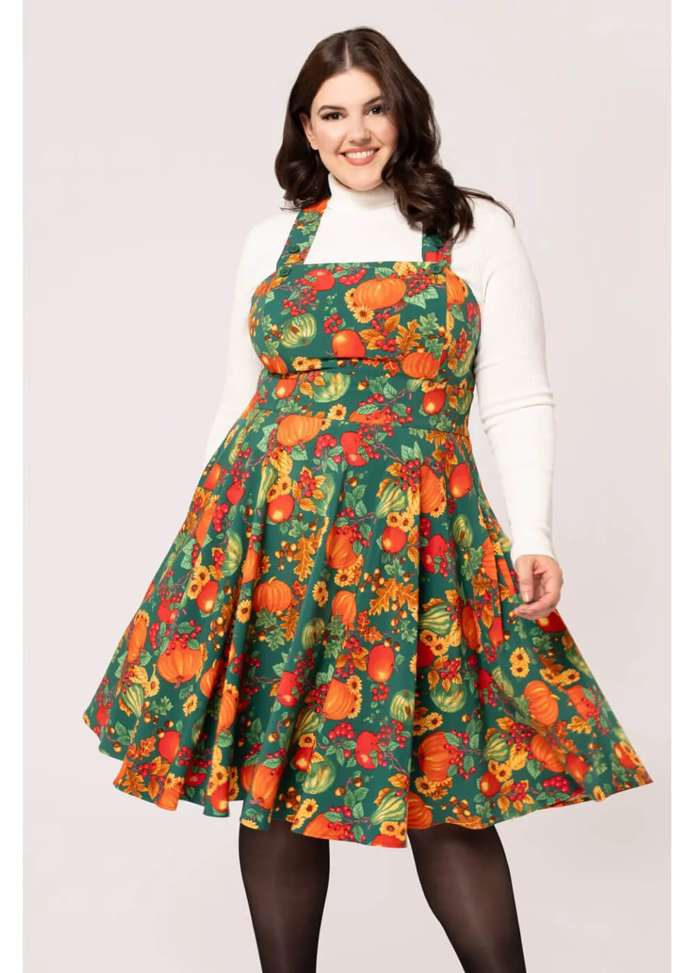 Hell Bunny Autumn Pumpkin 40's Pinafore Swing Dress Green