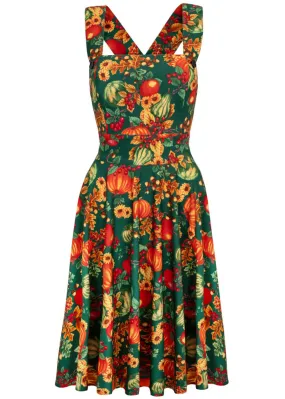 Hell Bunny Autumn Pumpkin 40's Pinafore Swing Dress Green