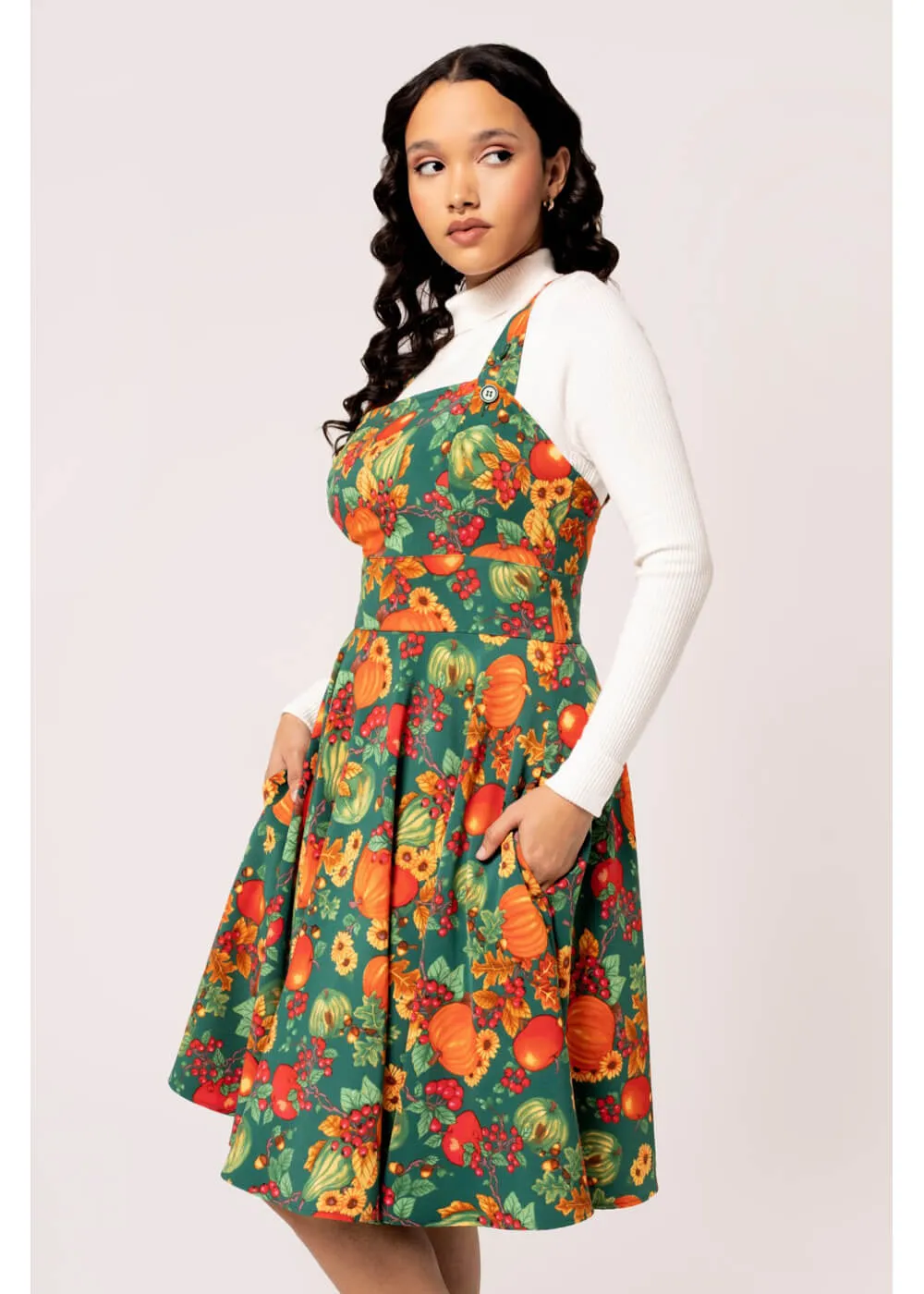 Hell Bunny Autumn Pumpkin 40's Pinafore Swing Dress Green