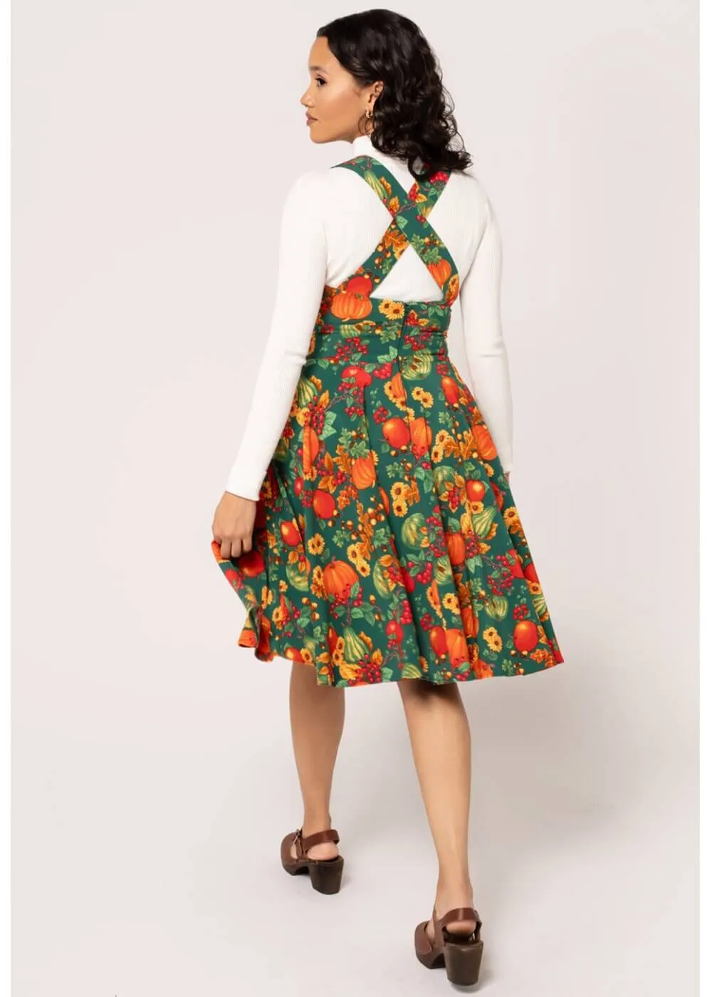 Hell Bunny Autumn Pumpkin 40's Pinafore Swing Dress Green