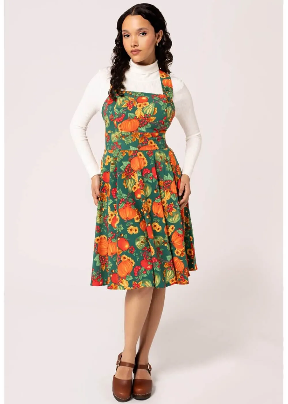 Hell Bunny Autumn Pumpkin 40's Pinafore Swing Dress Green