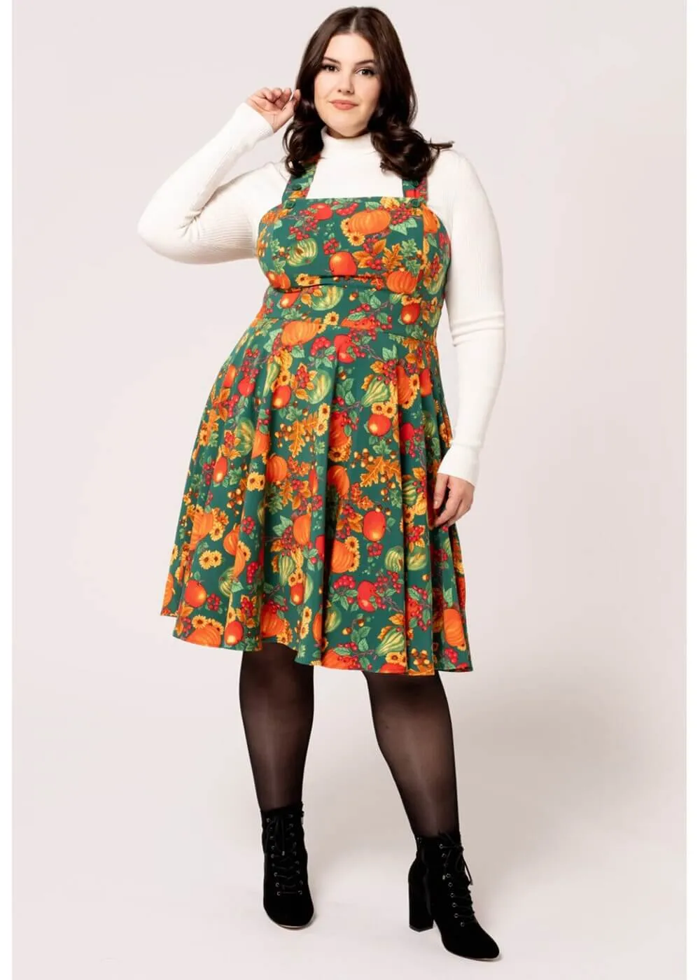 Hell Bunny Autumn Pumpkin 40's Pinafore Swing Dress Green