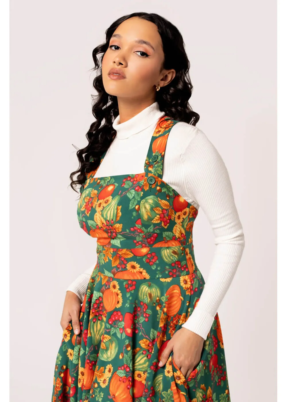 Hell Bunny Autumn Pumpkin 40's Pinafore Swing Dress Green