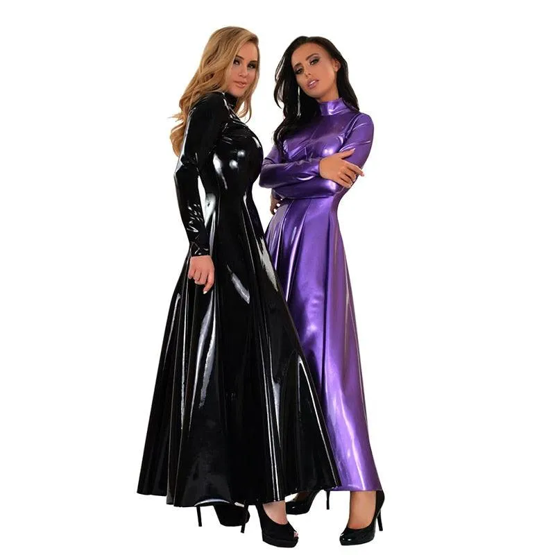 High Collar Long Sleeve Shiny Patent Leather Maxi Dress