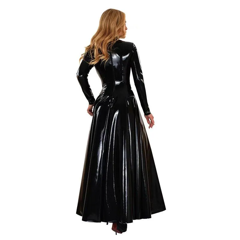 High Collar Long Sleeve Shiny Patent Leather Maxi Dress