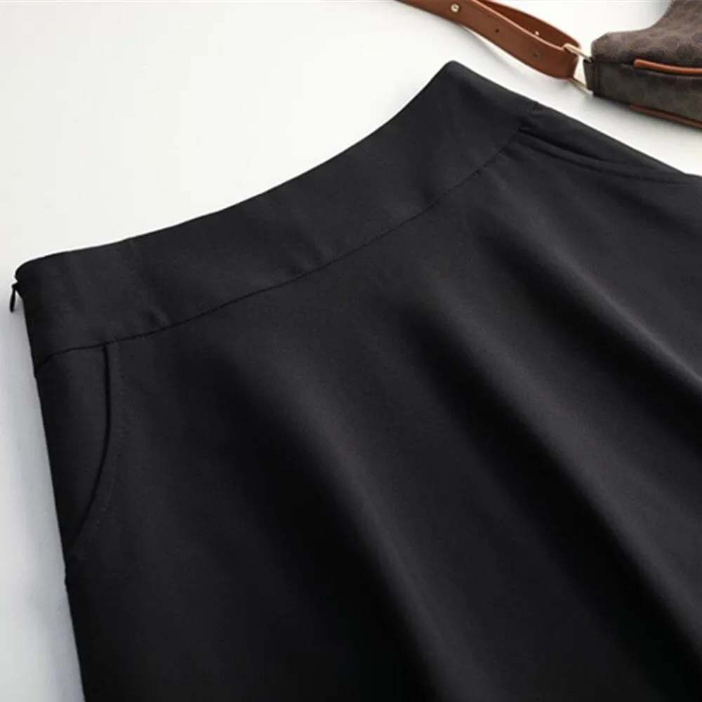 High Waist Elegant Vintage Long Women Big Hem Pleated Black Maxi Skirts