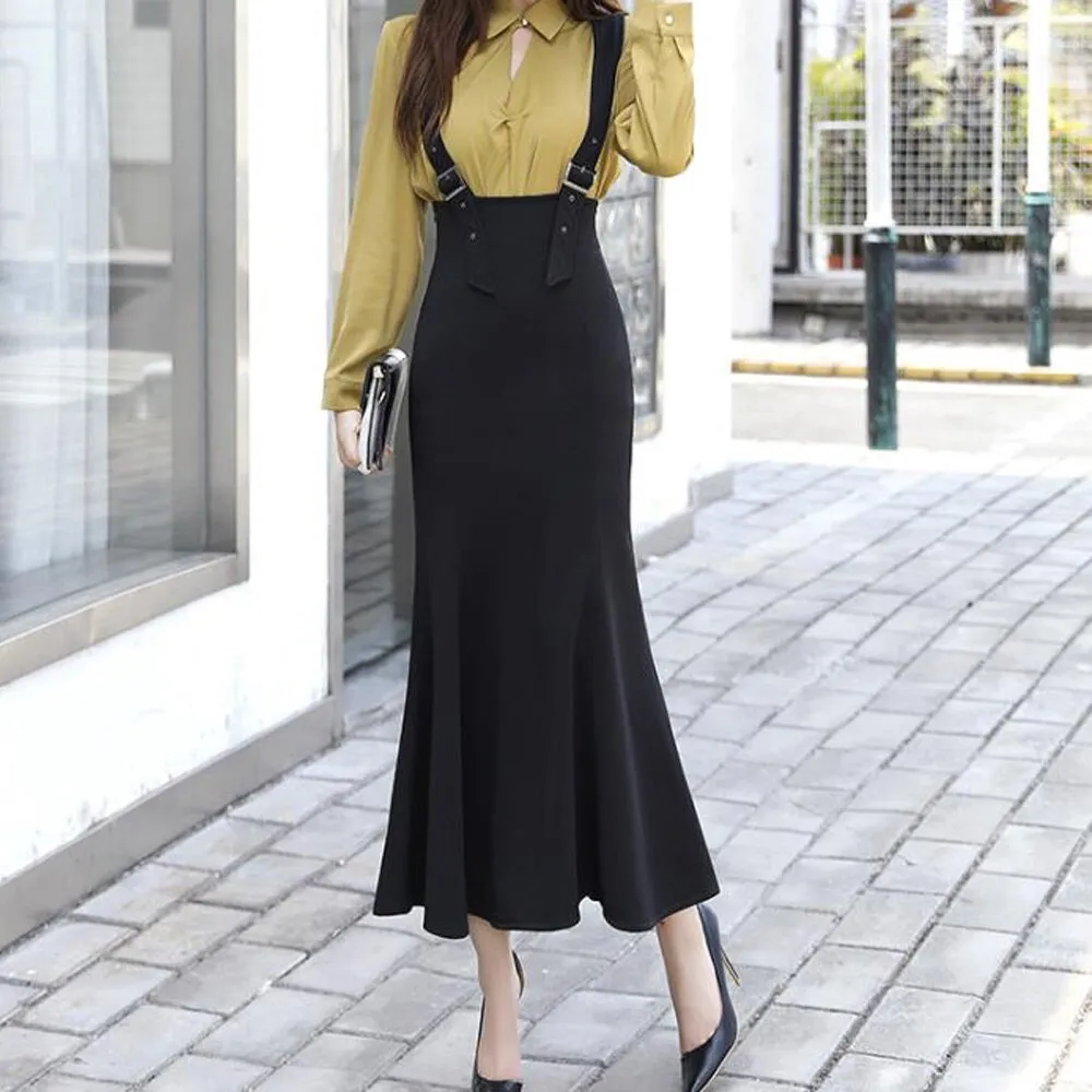 High Waist Elegant Vintage Long Women Spring Summer Trumpet Hem Straps Black Maxi Skirts