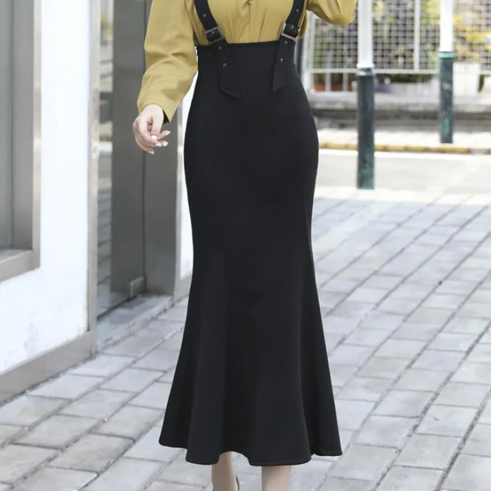 High Waist Elegant Vintage Long Women Spring Summer Trumpet Hem Straps Black Maxi Skirts