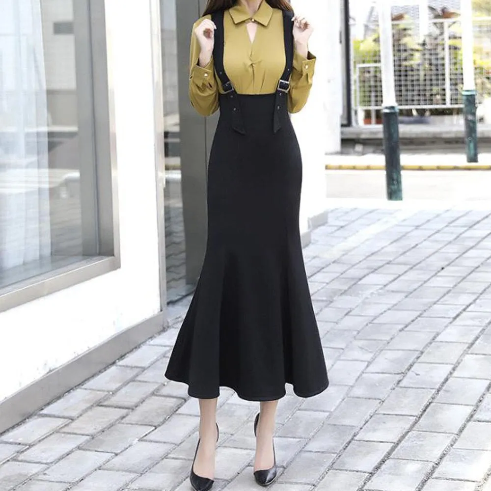 High Waist Elegant Vintage Long Women Spring Summer Trumpet Hem Straps Black Maxi Skirts