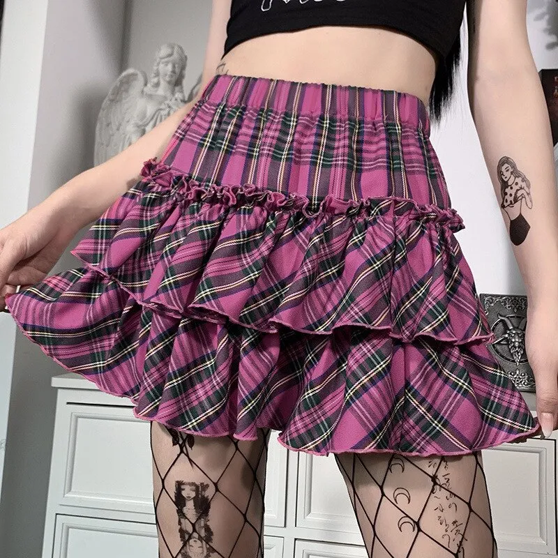 High Waist Japanese Plaid Pleated Skirts Harajuku Style Girl Kawaii School Skater Gothic Sweet Lolita Cake Mini Skirts Ball Gown