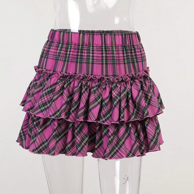 High Waist Japanese Plaid Pleated Skirts Harajuku Style Girl Kawaii School Skater Gothic Sweet Lolita Cake Mini Skirts Ball Gown