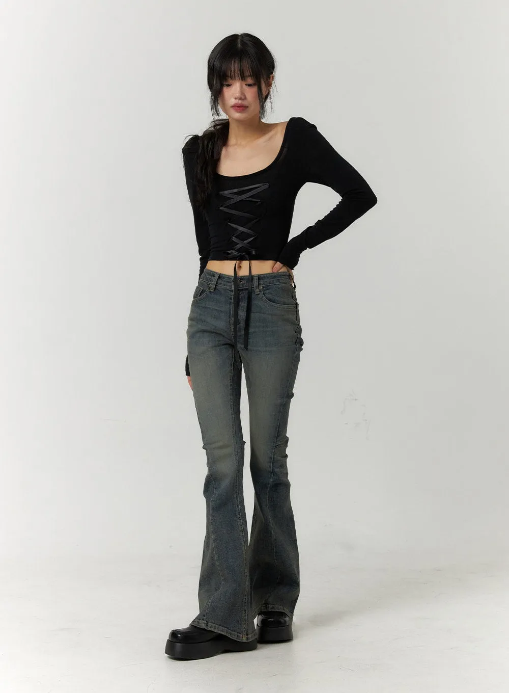 High Waist Slim Washed Bootcut Jeans CF407