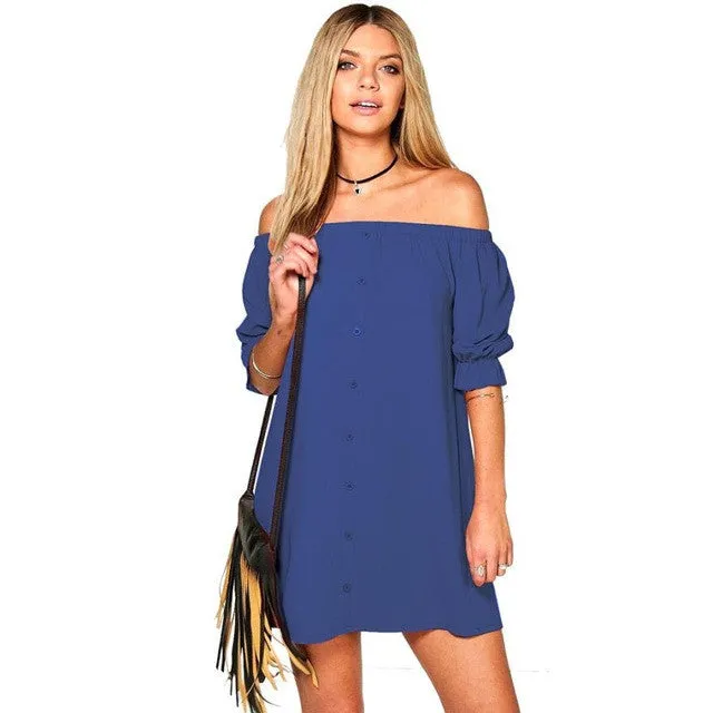 Hot Sexy Women Brief Dress Off Shoulder Button Butterfly Sleeve Loose Mini Dress Beach   Dresses Female GS