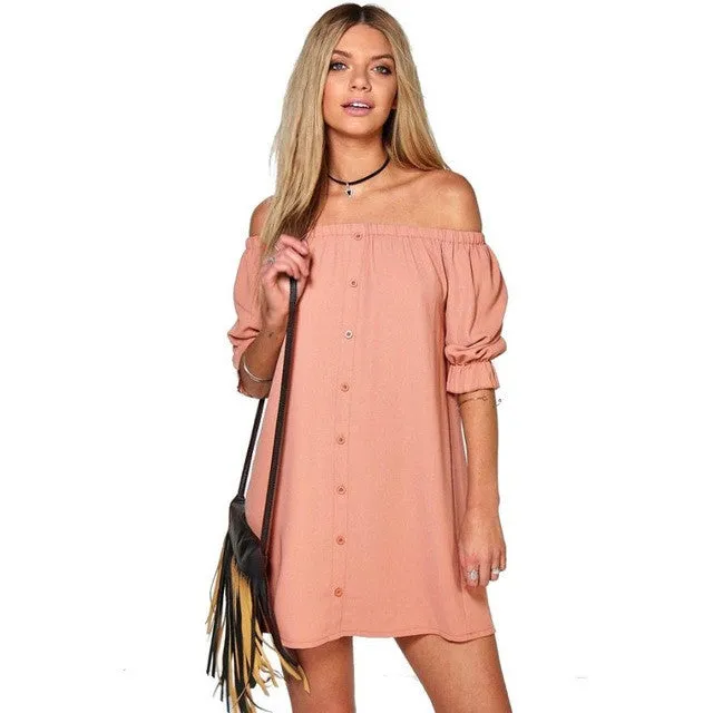 Hot Sexy Women Brief Dress Off Shoulder Button Butterfly Sleeve Loose Mini Dress Beach   Dresses Female GS