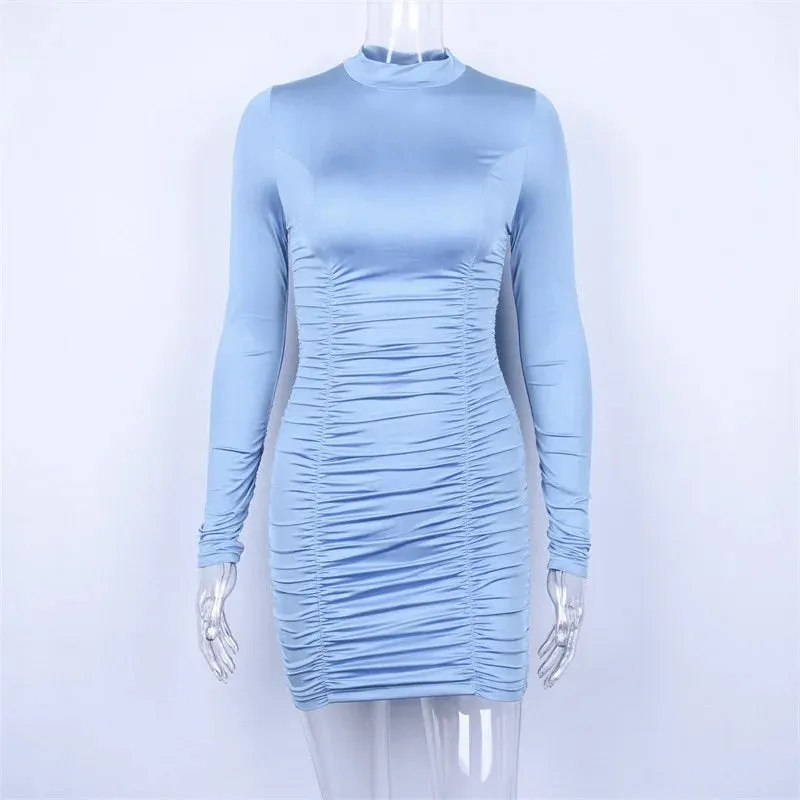 Hugcitar Satin Long Sleeve High Neck High Waist Bodycon Sexy Mini Dress