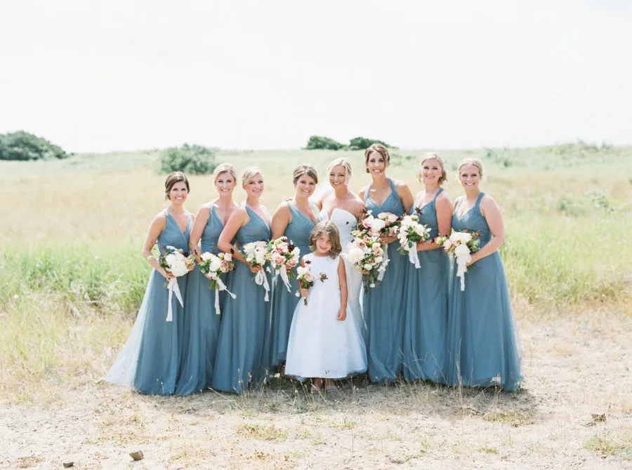 Jade Tulle V-neck Sleeveless Open Back Mismatched Long Bridesmaid Dresses, WG19