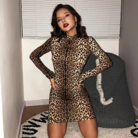 Leopard Print Pencil Dress O-Neck Sleeveless High Waist Print Slim Hips Mini Dress