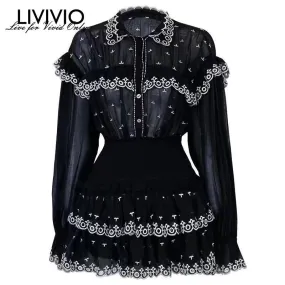 [LIVIVIO] Embroidery Ruffle Patchwork Two Piece Sets Female Perspective Flare Sleeve Shirts High Waist Mini Skirts Female New