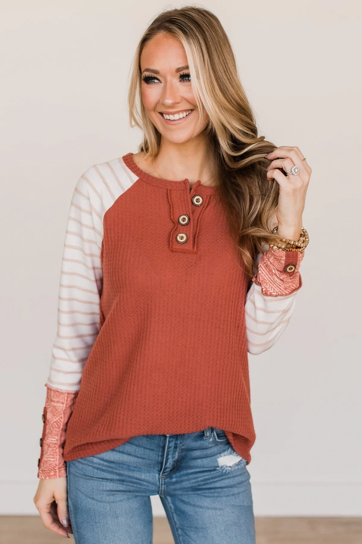 Looking For Signs Waffle Knit Button Top- Rust