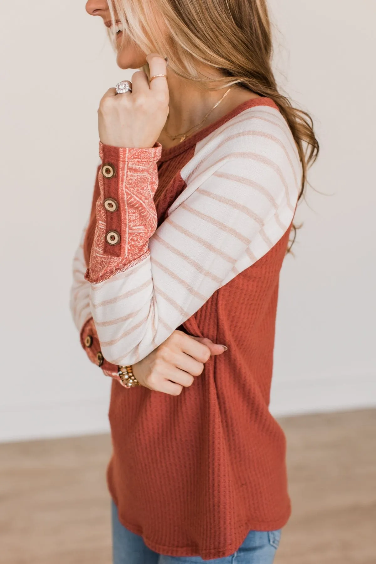 Looking For Signs Waffle Knit Button Top- Rust