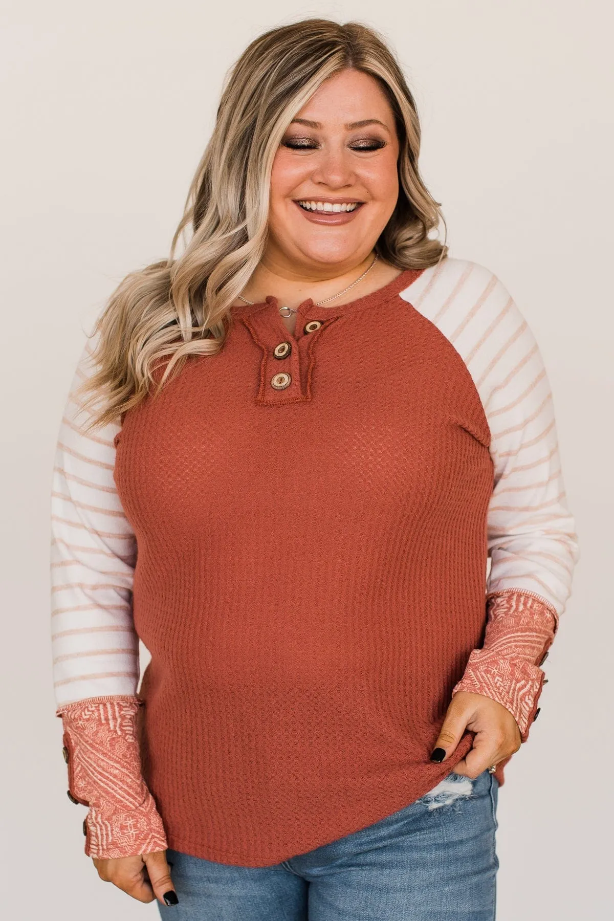 Looking For Signs Waffle Knit Button Top- Rust