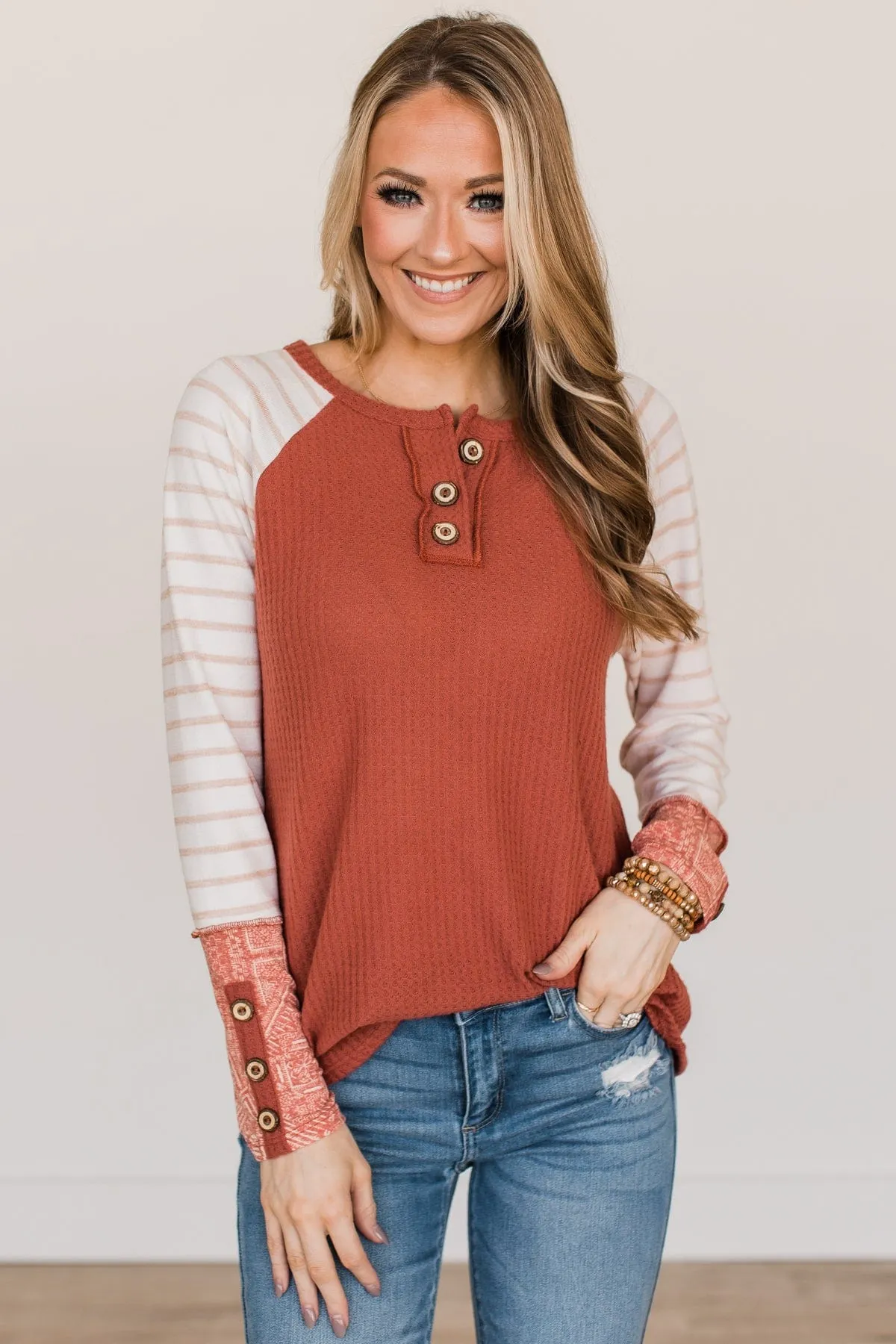 Looking For Signs Waffle Knit Button Top- Rust