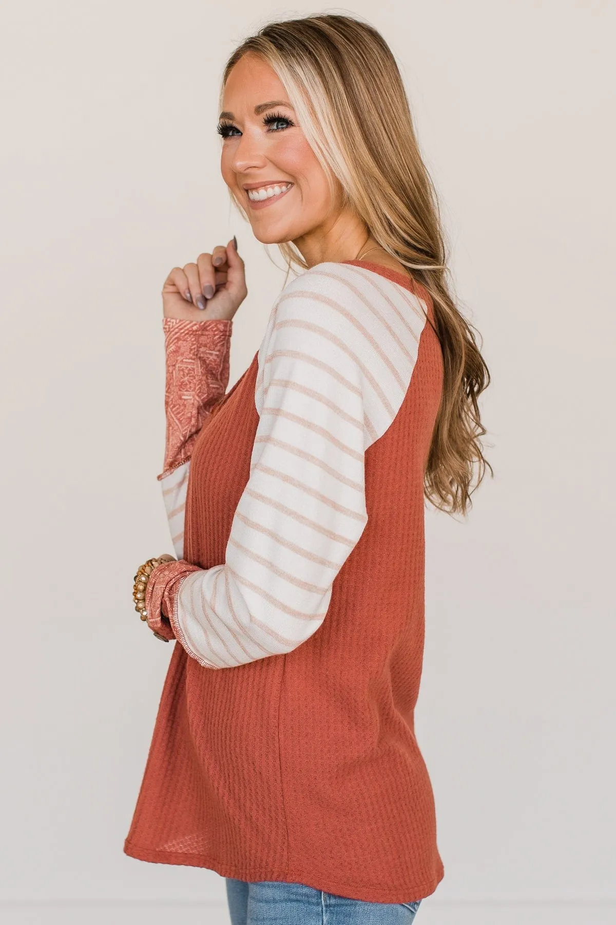 Looking For Signs Waffle Knit Button Top- Rust