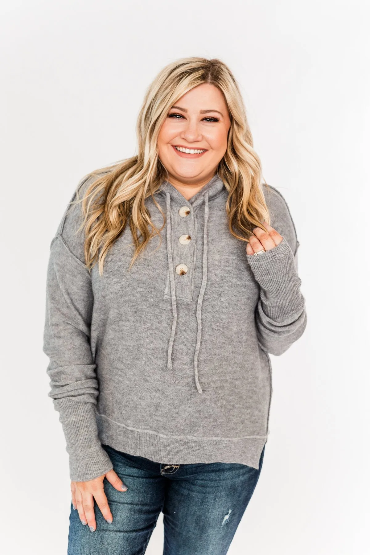 Make It Happen Hooded Henley Knit Top- Heather Grey