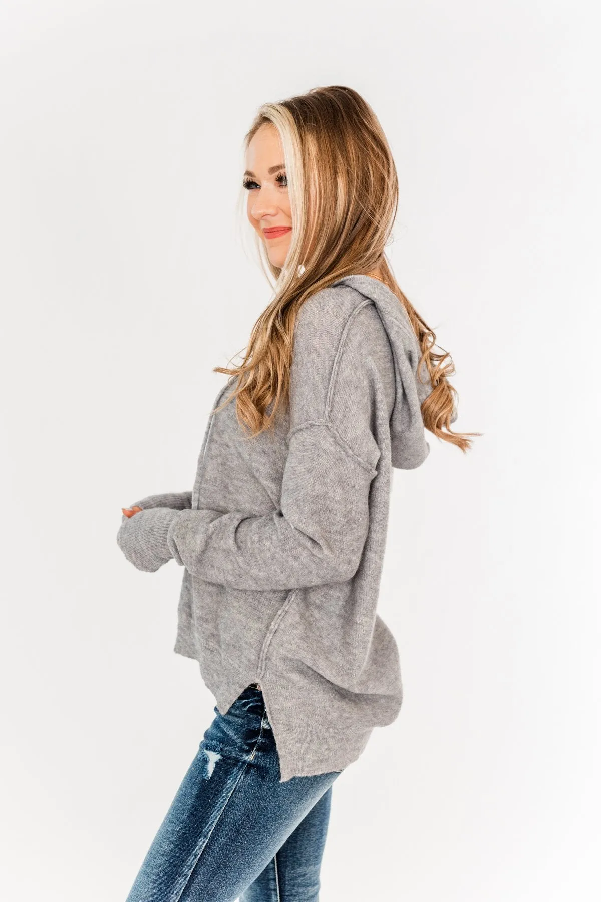 Make It Happen Hooded Henley Knit Top- Heather Grey