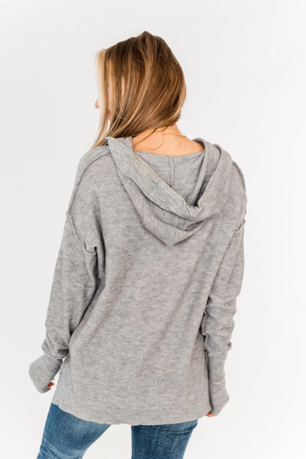 Make It Happen Hooded Henley Knit Top- Heather Grey