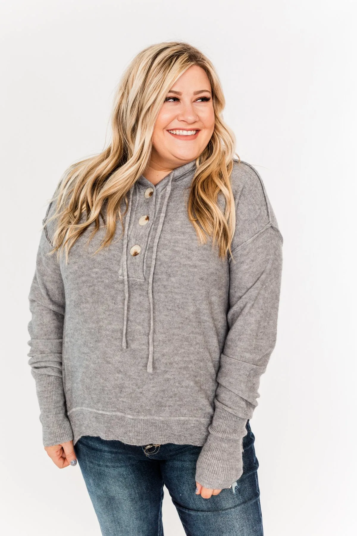 Make It Happen Hooded Henley Knit Top- Heather Grey