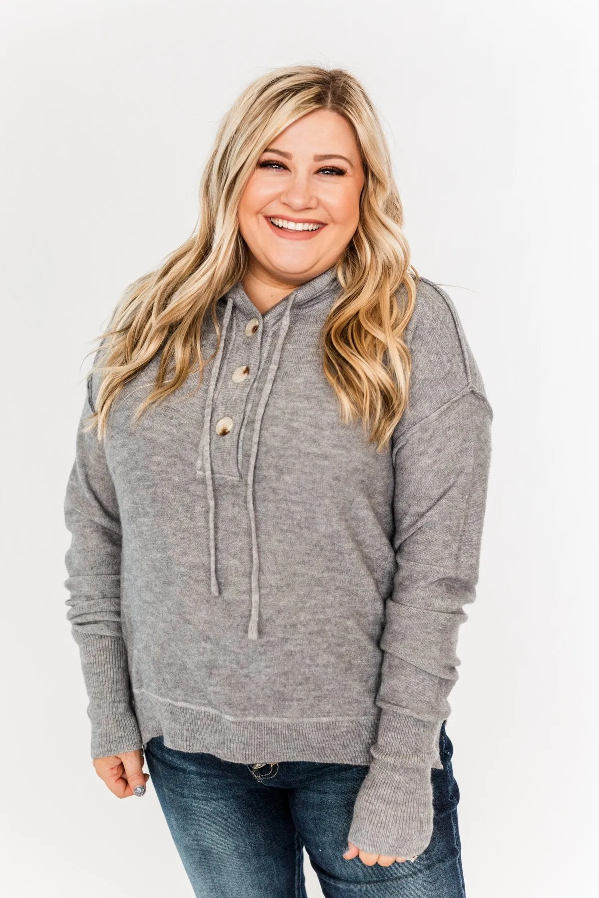 Make It Happen Hooded Henley Knit Top- Heather Grey