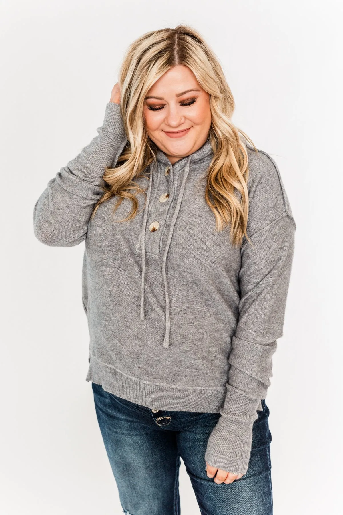 Make It Happen Hooded Henley Knit Top- Heather Grey