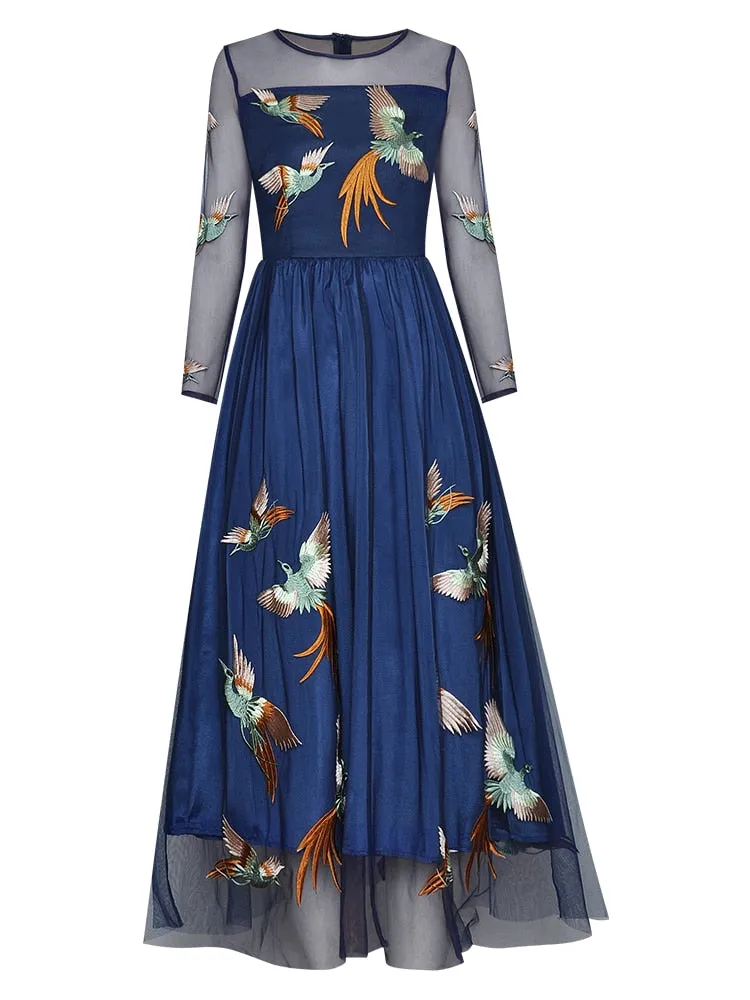 Maya Mesh Little bird Embroidery Vintage Dresses