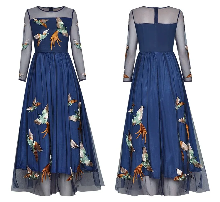 Maya Mesh Little bird Embroidery Vintage Dresses