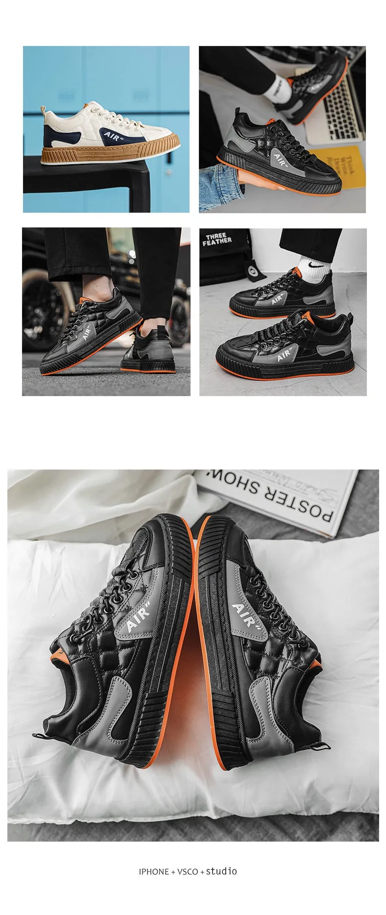 Men's Black Orange Thick Soled Lace-Up Casual Vulcanized Shoes