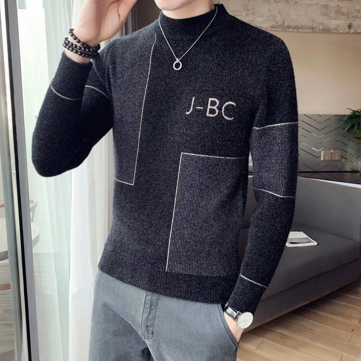 Men's Korean Winter Warm Turtleneck Square Line Letter Slim Fit Pullover