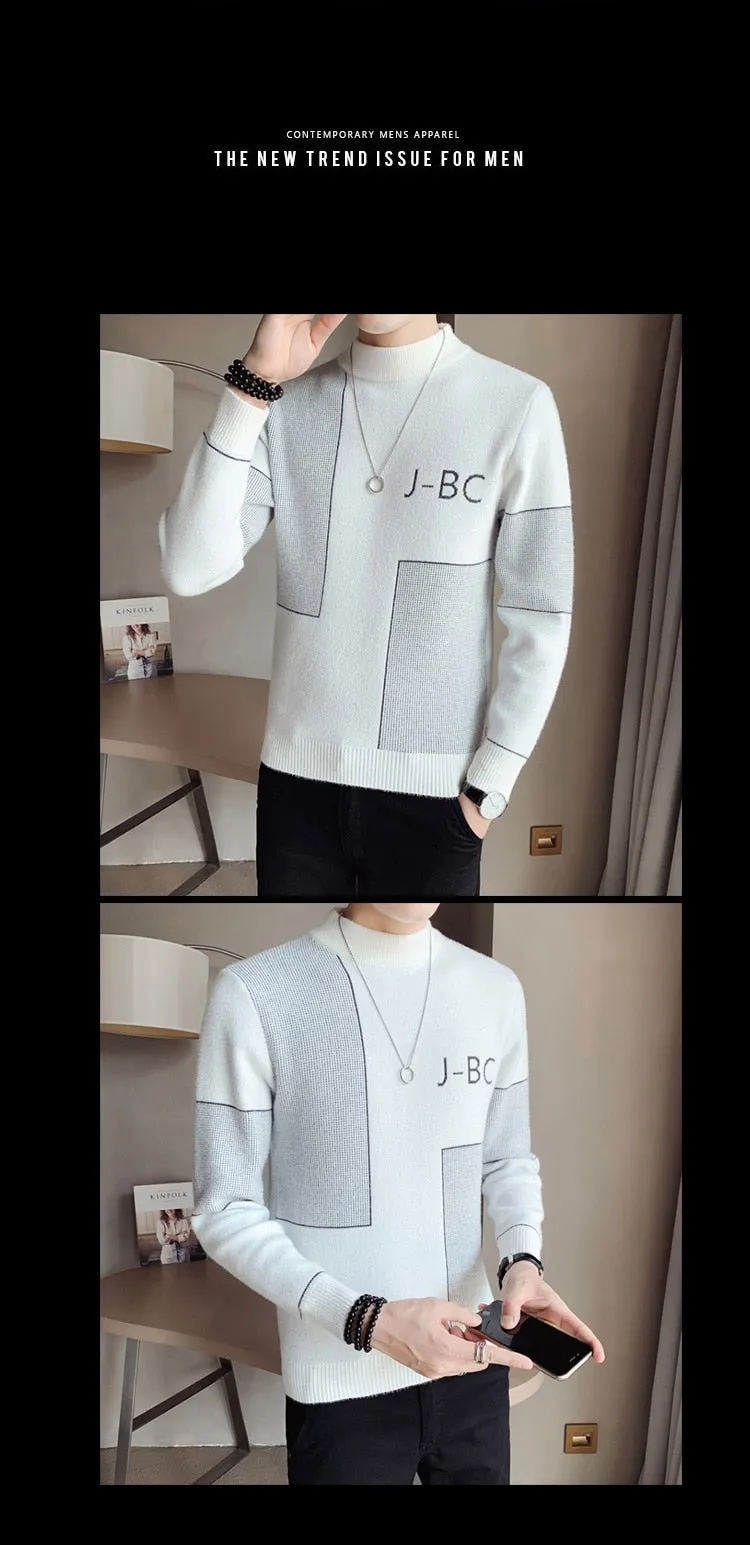 Men's Korean Winter Warm Turtleneck Square Line Letter Slim Fit Pullover