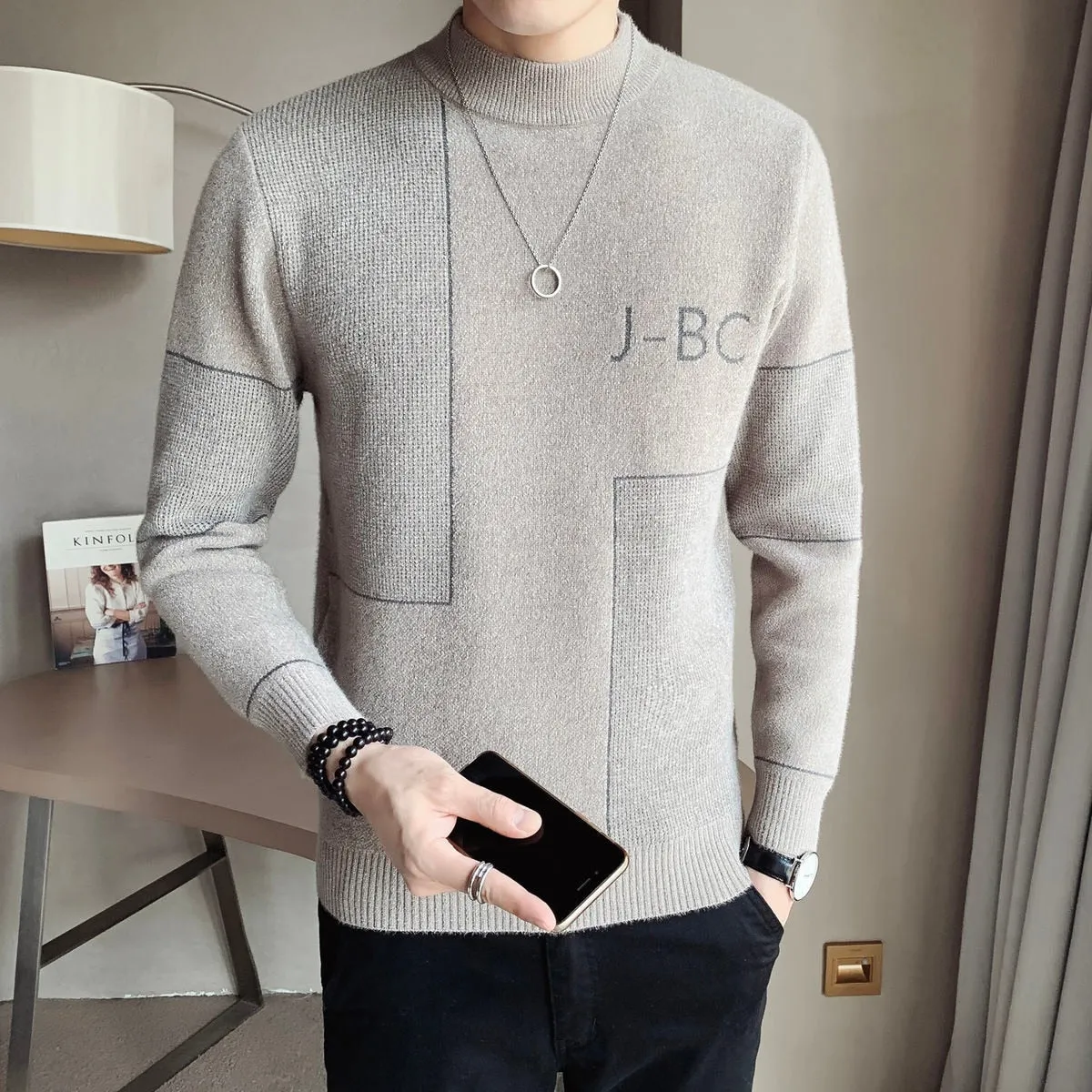 Men's Korean Winter Warm Turtleneck Square Line Letter Slim Fit Pullover