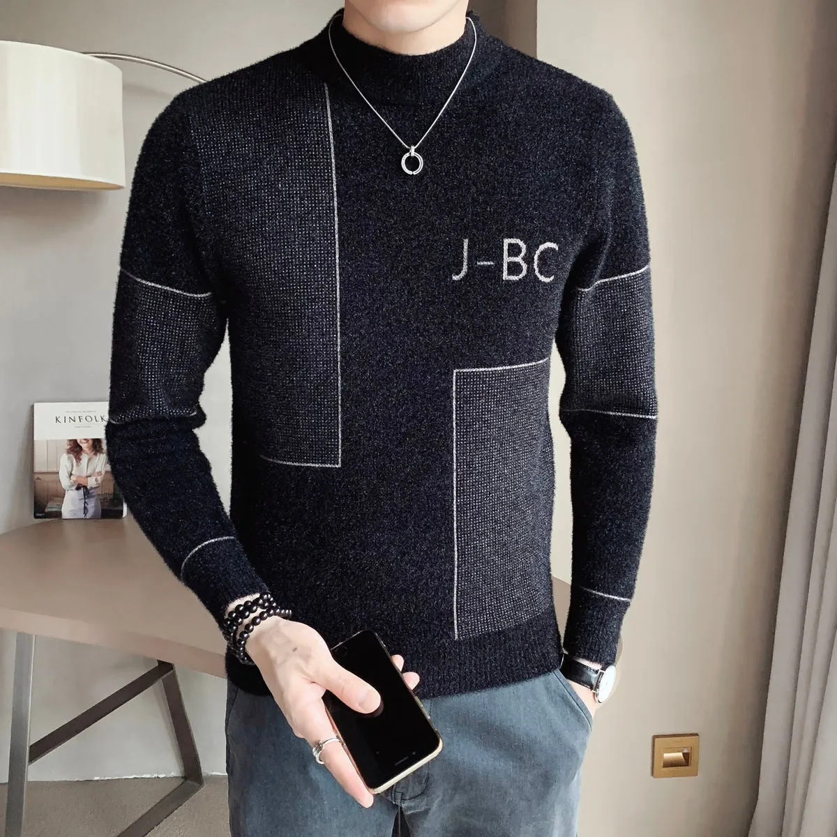 Men's Korean Winter Warm Turtleneck Square Line Letter Slim Fit Pullover